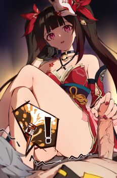 bare_shoulders brown_hair caelus_(honkai:_star_rail) edging glansjob grey_hair handjob highres honkai:_star_rail honkai_(series) nashidrop open_mouth orgasm_denial penis pink_eyes pussy sparkle_(honkai:_star_rail) symbol-shaped_pupils tagme trailblazer_(honkai:_star_rail) trembling