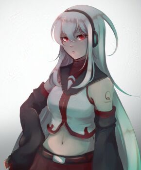 1girl absurdly_long_hair arm_tattoo belt chanpotei commentary detached_sleeves english_commentary headset long_hair navel red_eyes sukone_tei tattoo utau very_long_hair white_hair wide_sleeves