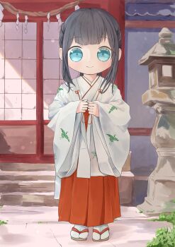 1girl absurdres black_hair blue_eyes highres japanese_clothes miko shrine tabi