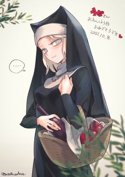 ... 1girl absurdres apple basket blurry blurry_foreground bottle breasts cleavage cowboy_shot cross dated depth_of_field dress food fruit grey_background grey_eyes heart helltaker highres holding jewelry justice_(helltaker) light_smile long_hair long_sleeves looking_at_viewer medium_breasts necklace noah_(tettsui-sole) nun nun_headdress simple_background smile solo spoken_ellipsis traditional_nun translation_request twitter_username wine_bottle