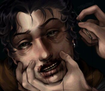 1boy bags_under_eyes black_hair close-up curly_hair disembodied_hand earrings green_eyes guro holding holding_needle holding_sewing_needle injury jewelry lips male_focus needle no_i&#039;m_not_a_human nose realistic selkytenme1 sewing sewing_needle short_hair single_earring solo_focus stitched_mouth stitches teeth thread wireface_(no_i&#039;m_not_a_human)