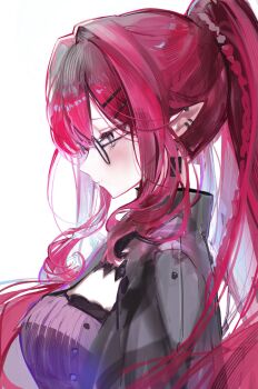 1girl baobhan_sith_(fate) black_dress blush breasts cleavage dress fate/grand_order fate_(series) from_side glasses grey_eyes highres large_breasts long_hair oo_iummyz_oo ponytail red_hair upper_body