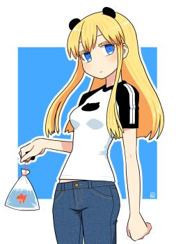 Rule 34 | 1girl, animal, animal ears, bag, bagged fish, blonde hair, blue background, blue eyes, blue pants, breasts, closed mouth, colored eyelashes, commentary request, denim, fish, goldfish, hen zemi, highres, holding, jeans, long hair, looking at viewer, makiko gregory, muu (mumumer), outline, panda ears, pants, shirt, short sleeves, small breasts, solo, two-tone background, water, white background, white outline, white shirt