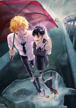 1boy 1girl absurdres alternate_universe black_hair blonde_hair chainsaw_man collared_shirt commentary denji_(chainsaw_man) dress dress_shirt english_commentary fourth_east_high_school_uniform highres looking_at_another mitaka_asa neck_ribbon necktie pinafore_dress rain reflection ribbon scar scar_on_face school_uniform sharp_teeth shirt short_hair sleeveless sleeveless_dress teeth umbrella walking white_shirt zerosphera