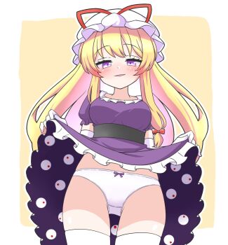 1girl blonde_hair blush breasts clothes_lift dress dress_lift elbow_gloves frills from_below gap_(touhou) gloves hair_ribbon hat highres long_hair looking_at_viewer looking_down medium_breasts mob_cap panties parted_lips purple_dress purple_eyes ribbon short_sleeves sidelocks smile solo thighhighs thighs touhou underwear white_gloves white_panties white_thighhighs yakumo_yukari zenji029