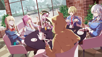 6+girls absurdres aikawa_megumi akitsugu_akiyama asakura_karen_(heaven_burns_red) blazer blonde_hair blue_eyes bow bowtie braid breasts cafe cake cake_slice cape chair checkered_floor coffee collared_shirt cup elbows_on_table food fork glasses green_eyes grey_hair hair_between_eyes hair_bun hair_ornament hair_over_one_eye hair_ribbon hairclip hand_on_own_face hat heaven_burns_red highres holding holding_cup holding_fork holding_spoon hood hood_up hoodie horns indoors izumi_yuki_(heaven_burns_red) jacket kayamori_ruka kunimi_tama long_hair long_sleeves looking_at_another medium_hair mole monocle multiple_girls necktie on_chair one_eye_closed one_eye_covered open_mouth parfait peaked_cap pink_eyes pink_hair red_bow red_bowtie red_eyes red_necktie restaurant ribbon sailor_hat saucer school_uniform shirt short_hair sitting smile spoon table tea teacup teapot toujou_tsukasa white_shirt window yellow_eyes