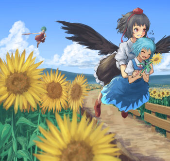 3girls ^_^ black_hair black_skirt black_wings blue_dress blue_hair blue_sky carrying chasing cirno clenched_teeth closed_eyes closed_umbrella cloud collared_shirt day dirt dress faceless fence fleeing flower flying flying_sweatdrops frilled_skirt frills garden_of_the_sun geta green_hair happy hat hidden_star_in_four_seasons highres holding holding_flower holding_umbrella hug hug_from_behind kazami_yuuka long_skirt mountain multiple_girls parasol path puffy_short_sleeves puffy_sleeves red_eyes red_footwear red_skirt red_vest ribbon road roke_(taikodon) shameimaru_aya shirt shoes short_sleeves silhouette skirt sky sunflower tan tanned_cirno teeth tengu-geta tokin_hat touhou umbrella vanishing_point vest white_shirt wings wooden_fence