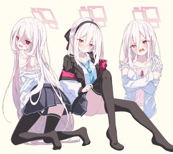 1girl :t absurdres ass black_jacket black_thighhighs blazer blue_archive blue_necktie camisole commentary crossed_arms hair_between_eyes halo highres jacket kanikama_acedia kei_(blue_archive) kei_(new_body)_(blue_archive) kneeling long_hair long_hair_between_eyes looking_at_viewer miniskirt multiple_views necktie pink_camisole school_uniform shaded_face shirt sitting skirt straight_hair thighhighs v-shaped_eyebrows very_long_hair white_hair white_jacket white_shirt