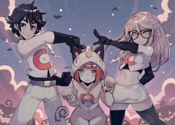 1boy 2girls bat_(animal) belt black-framed_eyewear black_eyes black_gloves black_hair black_thighhighs blonde_hair blue_eyes blunt_bangs closed_mouth commentary conspiracy_research_club cosplay crop_top elbow_gloves english_commentary gen_1_pokemon glasses gloves green_eyes jaime_taylor james_(pokemon) james_(pokemon)_(cosplay) jessie_(pokemon) jessie_(pokemon)_(cosplay) katya_petrikov long_hair looking_at_viewer luna_gardner meowth meowth_(cosplay) merryweather midriff multiple_girls navel nintendo onesie pants parororo paw_pose pokemon pokemon_(anime) purple_sky red_hair shirt short_hair skirt sky smile team_rocket team_rocket_uniform thighhighs white_pants white_shirt white_skirt