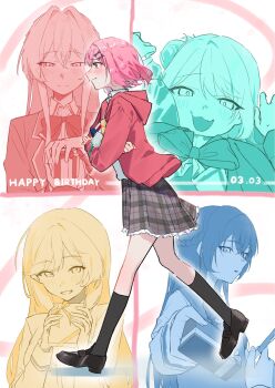 Rule 34 | 5girls, :3, amaori renako, ashigaya high school uniform, black shoes, black socks, blazer, bow, bowtie, braid, closed mouth, dated, gift, grey skirt, grin, hair bun, hair intakes, hair ornament, half-closed eyes, half up braid, happy birthday, highres, holding, holding gift, hood, hood down, jacket, kneehighs, koto satsuki, koyanagi kaho, loafers, long hair, medium hair, miniskirt, multiple girls, multiple monochrome, open clothes, open jacket, open mouth, ouzuka mai, pink hair, plaid clothes, plaid skirt, pleated skirt, profile, red jacket, school uniform, sena ajisai, shoes, single side bun, skirt, smile, socks, suzuki-san (suzukisan br), watashi ga koibito ni nareru wake naijan murimuri!, x hair ornament, yuri