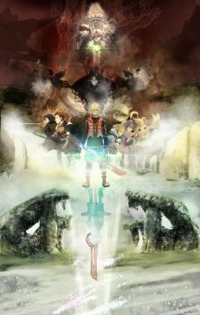 4girls 6+boys alvis_(xenoblade) blonde_hair blue_eyes dickson_(xenoblade) different_reflection dunban_(xenoblade) fiora_(xenoblade) gun hair_over_one_eye highres lorithia_(xenoblade) mecha-fiora melia_antiqua metal_face_(xenoblade) monado multiple_boys multiple_girls nopon reflection reyn_(xenoblade) rifle riki_(xenoblade) sharla_(xenoblade) shulk_(xenoblade) standing sword toosut0 weapon xenoblade_chronicles_1 xenoblade_chronicles_(series) zanza_(xenoblade)