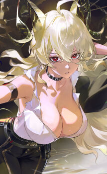 1girl absurdres ahoge arm_strap black_choker black_horns black_pants breasts choker cleavage collarbone commentary curled_horns earrings hair_between_eyes highres horns jewelry key_earrings large_breasts leaning_forward looking_at_viewer mole mole_under_eye pants parted_lips red_eyes shirt solo torn_clothes torn_shirt unfinished white_shirt wuthering_waves zani_(wuthering_waves) zuco