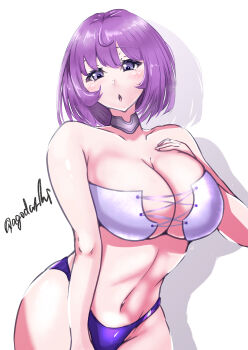 1girl absurdres agodashi bikini breasts cleavage collar commentary_request cross-laced_bikini cross-laced_clothes highres kantai_collection large_breasts lexington_(kancolle) metal_collar mismatched_bikini navel one-hour_drawing_challenge purple_eyes purple_hair short_hair simple_background solo swimsuit twitter_username white_background