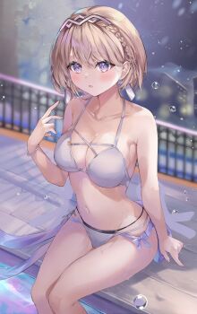 1girl :o absurdres bare_arms bare_shoulders bikini blue_eyes braid breasts brown_hair campanella_(vtuber) chess11 cleavage collarbone commentary_request feet_out_of_frame half_crown_braid headpiece highres indie_virtual_youtuber looking_at_viewer medium_breasts medium_hair navel pool poolside sitting solo swimsuit thighs virtual_youtuber water_drop wet white_bikini