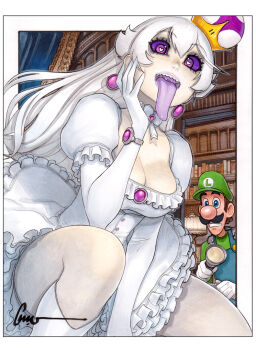 1boy 1girl artist_name bad_id bad_twitter_id between_legs blue_eyes blush book bookshelf border breasts brown_hair cleavage collar collar_jewel colored_sclera colored_tongue crown dress facial_hair feet_out_of_frame flashlight frilled_collar frilled_dress frills genderswap genderswap_(mtf) gloves green_hat green_shirt hair_between_eyes hand_on_own_cheek hand_on_own_face hat heart heart-shaped_pupils holding holding_flashlight indoors kneeling lamp large_breasts large_nose long_hair long_sleeves long_tongue luigi luigi's_mansion mario_(series) mustache nintendo omar_dogan open_mouth princess_king_boo puffy_short_sleeves puffy_sleeves purple_eyes purple_sclera purple_tongue scan sharp_teeth shirt short_sleeves sidelocks signature solo_focus super_crown suspenders symbol-shaped_pupils teeth thighs tongue tongue_out traditional_media uvula very_long_hair white_border white_collar white_dress white_gloves white_hair