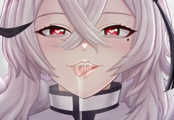 1girl assertive_female blush commentary_request crossed_bangs fur_trim gangut_(azur_lane) hair_between_eyes hat heart heart-shaped_pupils highres long_hair looking_at_viewer mikumaushi military_uniform mole mole_under_eye naval_uniform pov red_eyes saliva saliva_trail solo symbol-shaped_pupils tongue tongue_out white_hair white_hat