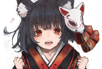 1girl animal_ear_fluff animal_ears azur_lane black_hair black_kimono cat_ears cat_mask clenched_hands commentary_request fangs highres japanese_clothes kimono mask mask_on_head mismatched_eyebrows notice_lines nyucha open_mouth red_eyes short_hair smile solo thick_eyebrows upper_body yamashiro_(azur_lane) yamashiro_(retrofit)_(azur_lane)