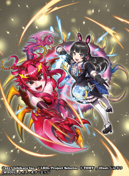 2girls animal_ear_headphones animal_ears arthropod_girl black_gloves black_hair black_shirt breasts cleavage copyright_notice dragon_girl dragon_horns dragon_tail fake_animal_ears gloves headphones highres horns jintetsu looking_at_viewer medium_breasts mukadesu_(wixoss) multiple_girls nijisanji official_alternate_costume official_art pantyhose purple_eyes rabbit_ear_headphones rabbit_ears red_eyes red_hair sharp_teeth shirt smile tail teeth tsukino_mito tsukino_mito_(moon!!) upper_teeth_only virtual_youtuber white_pantyhose wixoss