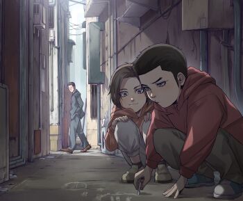 3boys aged_down back_alley black_hair blue_eyes blue_footwear blue_jacket blue_pants brown_eyes brown_footwear brown_hair brown_pants chalk child closed_mouth coco_(h221414) grey_pants highres holding holding_chalk hood hood_down hoodie jacket kiryu_kazuma male_focus multiple_boys necktie nishikiyama_akira orange_hoodie outdoors pants purple_necktie red_hoodie ryuu_ga_gotoku_(series) scar scar_on_face scar_on_nose squatting