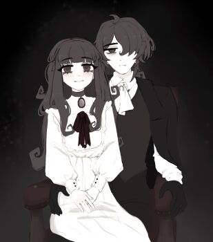 1boy 1girl bags_under_eyes bowtie brown_choker brown_coat brown_gloves brown_hair brown_vest buttons choker closed_mouth coat collarbone collared_shirt couple dress father_and_daughter frown gloves hand_on_another's_hip hetero implied_incest jewelry long_hair looking_at_viewer necklace nokota_(roseary) original red_bow red_bowtie roseary ryder_(roseary) shirt sitting sitting_on_lap sitting_on_person smile twintails vest white_dress white_shirt