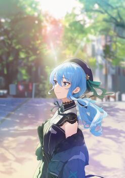 1girl absurdres asymmetrical_sidelocks beret black_choker black_dress black_hat blue_eyes blue_hair blue_jacket blurry blurry_background bow bow_earrings choker closed_mouth collared_dress commentary day double-parted_bangs dress earrings from_side hair_between_eyes hat highres hololive hoshimachi_suisei hoshimachi_suisei_(casual) jacket jewelry lace lace_choker lace_sleeves long_hair low_ponytail neck_ribbon off_shoulder official_alternate_costume outdoors ponytail quilted_jacket ribbon serelith short_sleeves sidelocks smile solo star_(symbol) star_in_eye symbol_in_eye two-sided_fabric two-sided_jacket untranslatable_commentary virtual_youtuber