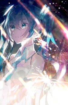 1girl aqua_eyes aqua_hair aqua_necktie bare_shoulders black_sleeves blurry blurry_background blurry_foreground commentary constellation crying crying_with_eyes_open detached_sleeves hair_ornament hatsune_miku karanagare long_sleeves necktie parted_lips shirt shooting_star solo star_(sky) tears twintails upper_body vocaloid white_shirt