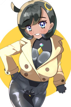 1girl black_hair blush bodysuit breasts dark-skinned_female dark_skin edwith27 emma_(pokemon) gloves jacket large_breasts long_sleeves looking_at_viewer nintendo pokemon pokemon_legends:_z-a purple_eyes short_hair simple_background teeth
