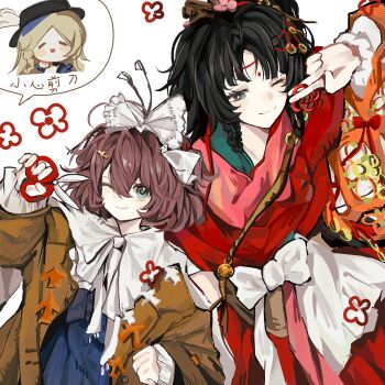 Rule 34 | 3girls, ;), arm up, black hair, blue eyes, blue jacket, blue skirt, bow, brown coat, brown hair, cape, chinese clothes, chinese commentary, chinese paper-cut, chinese text, closed mouth, coat, commentary request, facial mark, flutterpage, forehead mark, hair bow, hand up, hanfu, highres, holding, holding paper, holding scissors, jacket, looking at viewer, ms. moissan, multiple girls, one eye closed, paper, paper heron, papercutting, red hanfu, reverse:1999, scissors, short hair, skirt, smile, speech bubble, spoken character, upper body, white background, white bow, white cape, youmo yinzi