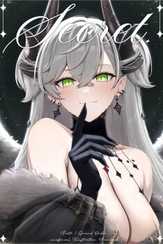 1girl black_dress blush breasts chest_tattoo cleavage colored_extremities comiket_107 cover demon_horns dress earrings fate/grand_order fate_(series) feathered_wings green_eyes highres horns jewelry large_breasts lilith_(fate) lilith_(third_ascension)_(fate) long_hair looking_at_viewer neck_tattoo particle_sfs smile solo tattoo twintails white_hair wings