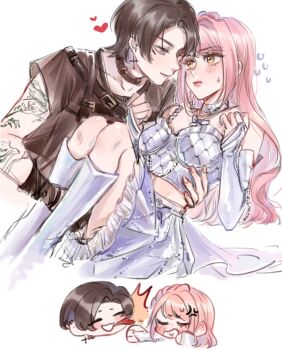 1boy 1girl ^^^ ^_^ anger_vein arm_tattoo bare_shoulders belt belt_buckle belt_collar binglanxianqi black_belt black_gloves black_shirt blood blood_from_mouth blunt_bangs blush boots bow bridal_gauntlets brown_eyes brown_hair buckle carrying chain chest_belt chinese_commentary choker clenched_hands closed_eyes closed_mouth collar collarbone commentary_request cropped_legs cross cross_earrings earrings eye_contact eyelashes frilled_shirt frilled_skirt frills full-face_blush gloves head_only heart heart_in_mouth hetero highres jewelry knee_boots light_smile lips lipstick long_hair looking_at_another makeup marking_on_cheek midriff miniskirt multiple_views nikki_(nikki) nikki_(series) pale_skin pink_hair pink_lips pleated_skirt princess_carry punching purple_eyes qin_yi_(shining_nikki) shining_nikki shirt short_hair short_sleeves simple_background skirt skirt_set sleeveless sleeveless_shirt spitting spitting_blood strap sweat sweatdrop tattoo very_long_hair wavy_hair white_background white_bow white_bridal_gauntlets white_choker white_footwear white_shirt white_skirt