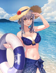 Rule 34 | alternate costume, alternate hairstyle, bare arms, bare shoulders, beach, bikini, blue bikini, blue sarong, blue sky, breasts, cleavage, cloud, cloudy sky, collarbone, commentary request, cowboy shot, day, final fantasy, final fantasy brave exvius, flower hat, glaciela wezette, grey hair, halterneck, hand up, hat, hirono (hxze4434), holding, holding swim ring, horizon, innertube, large breasts, long hair, looking at viewer, mountainous horizon, navel, ocean, open mouth, outdoors, red eyes, sand, sarong, sidelocks, sky, stomach, straw hat, swim ring, swimsuit, war of the visions: final fantasy brave exvius