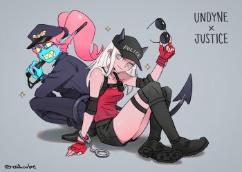 2girls black_hat black_horns black_jacket black_pants blue_skin character_name chief_undyne colored_skin commentary deltarune demon_girl demon_horns demon_tail english_commentary english_text fins gloves grey_background hat helltaker highres holding horns jacket justice_(helltaker) knees_up long_hair mixed-language_commentary multiple_girls noah_(tettsui-sole) over-kneehighs pants peaked_cap police police_uniform policewoman ponytail red_hair sharp_teeth shorts sitting smile sparkle tail teeth thighhighs twitter_username undyne utdr_(toby_fox)