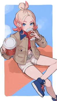 1girl absurdres blue_eyes border brown_jacket commentary_request crossed_legs cup disposable_cup drinking hair_bun highres jacket long_sleeves looking_at_viewer minao_omina nintendo outside_border pokemon pokemon_legends:_z-a reaching reaching_towards_viewer short_shorts shorts single_hair_bun sitting taunie_(pokemon) white_border white_shorts