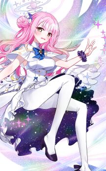 1girl absurdres angel angel_wings blue_archive blue_bow blush bow breasts buttons capelet commentary_request double-breasted dress embarrassed feathered_wings flower gold_trim hair_bun hair_flower hair_ornament halo high_heels highres large_breasts long_hair looking_at_viewer low_wings mika_(blue_archive) open_mouth pantyhose pink_halo pumps renirum_14 scrunchie single_hair_bun single_side_bun sleeveless sleeveless_dress solo very_long_hair white_capelet white_dress white_pantyhose white_wings wing_ornament wings wrist_scrunchie yellow_eyes