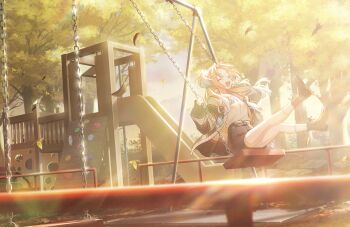 1girl :d ^_^ autumn autumn_leaves black_boots black_skirt blonde_hair blue_hair boots cardigan closed_eyes falling_leaves game_cg gradient_hair highres leaf link!_like!_love_live! love_live! miniskirt multicolored_hair non-web_source official_art on_swing open_cardigan open_clothes open_mouth osawa_rurino outdoors parted_bangs playground ribbed_cardigan shirt skirt slide smile socks solo swing swing_set swinging_on_swing twintails virtual_youtuber white_shirt white_socks