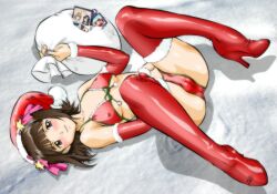 Rule 34 | 1girl, abs, amami haruka, bikini, blush, boots, breasts, brown eyes, brown hair, cameltoe, commentary, covered erect nipples, damaged, detached sleeves, dvd (object), dvd case, front-tie top, full body, fur-trimmed bikini top, fur-trimmed boots, fur-trimmed headwear, fur-trimmed sleeves, fur trim, hair ornament, hair ribbon, hand on own stomach, hat, high heel boots, high heels, holding, holding sack, idolmaster, idolmaster (classic), knees up, looking at viewer, lying, on back, parted lips, pink ribbon, pom pom (clothes), red bikini, red footwear, red hat, ribbon, sack, santa hat, shoes, short hair, small breasts, smile, solo, spread legs, star (symbol), swimsuit, thigh boots, thighhighs, torn bag, umedama nabu, underboob