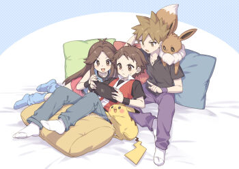 1girl 2boys 88_(einnimnech) black_shirt blue_oak blue_pants blue_shirt blue_socks blush breasts brown_eyes brown_fur brown_hair closed_mouth eevee gen_1_pokemon handheld_game_console holding jacket leaf_(pokemon) long_hair loose_socks lying multiple_boys nintendo nintendo_switch nintendo_switch_2 on_back on_shoulder on_side open_mouth pants pikachu pillow pokemon pokemon_(creature) pokemon_frlg pokemon_on_shoulder purple_pants red_(pokemon) red_skirt shirt short_hair short_sleeves sitting skirt sleeveless sleeveless_shirt smile socks spiked_hair sweatdrop tail white_socks wristband
