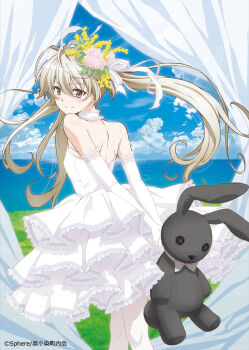 1girl arms_behind_back artist_request bare_shoulders blue_sky closed_mouth copyright_notice dress elbow_gloves feet_out_of_frame flower from_behind gloves grey_hair hair_flower hair_ornament highres holding holding_stuffed_toy kasugano_sora long_hair looking_at_viewer looking_back official_art sky smile solo stuffed_animal stuffed_rabbit stuffed_toy twintails white_dress white_gloves yosuga_no_sora