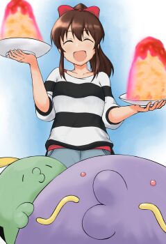 Rule 34 | 1girl, :d, absurdres, bow, brown hair, commentary request, evolutionary line, facing viewer, gen 3 pokemon, gonyleptidae, gulpin, hair bow, highres, holding, holding plate, idolmaster, idolmaster million live!, idolmaster million live! theater days, medium hair, nintendo, open mouth, plate, pokemon, pokemon (creature), red bow, satake minako, shirt, sidelocks, simple background, smile, striped clothes, striped shirt, swalot