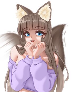 Rule 34 | 1girl, absurdres, animal ear fluff, animal ears, blue eyes, blunt bangs, brown hair, cat ears, cat girl, cat tail, excited, fluffy, happy, highres, long hair, looking at viewer, open mouth, original, purple sweater, sweater, tail, tail wagging, takie, takie arts, very long hair, white background