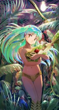 1girl absurdres animal_print artist_name bikini cable closed_mouth commentary cone_horns daikon electrical_outlet food grass green_hair head_tilt highres holding holding_food holding_pumpkin holding_vegetable horns in-universe_location jungle kneehighs light_bulb long_hair looking_at_viewer lum miz_mus nature navel night oni orange_eyes print_bikini print_socks pumpkin radish sky socks solo standing swimsuit thigh_gap thighs tiger_print tomato tree twitter_username urusei_yatsura vegetable