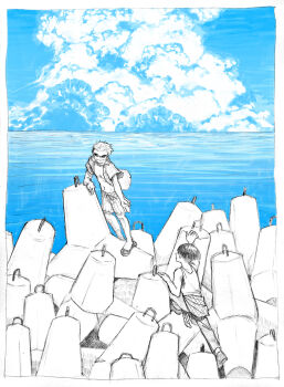 2boys absurdres aged_down black_hair clothes_around_waist cloud cloudy_sky donquixote_doflamingo ginkochama highres jewelry looking_at_another male_focus multiple_boys necklace ocean one_piece open_clothes open_shirt outstretched_arm sandals shirt shirt_around_waist short_hair shorts sky sleeveless sleeveless_shirt smile sunglasses vergo_(one_piece) wave_breaker white_shirt