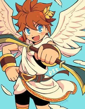 1boy angel angel_wings bike_shorts blue_background blue_eyes blush_stickers bow_(weapon) brown_hair character_name cowboy_shot feathers highres holding holding_bow_(weapon) holding_weapon kid_icarus laurel_crown male_focus nintendo palutena_bow_(kid_icarus) petittlt pit_(kid_icarus) solo v-shaped_eyebrows weapon wings