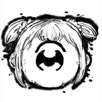 1girl bad_id bkub chibi chibi_only greyscale hair_ornament hair_scrunchie head_only looking_at_viewer lowres monochrome no_mouth one-eyed poptepipic popuko scrunchie short_hair short_twintails sidelocks simple_background solo twintails white_background