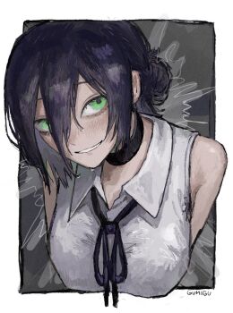 1girl artist_name chainsaw_man choker collared_shirt green_eyes grin gumidrawing hair_bun half_updo highres leaning_forward neck_ribbon outside_border purple_hair reze_(chainsaw_man) ribbon shirt single_hair_bun sleeveless sleeveless_shirt smile solo wet wet_hair