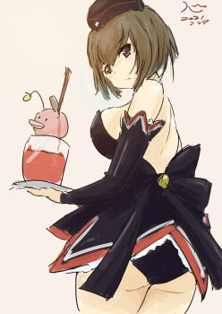 Rule 34 | anglerfish, ass, back bow, bare shoulders, black bow, black hat, black leotard, black sleeves, blush, bow, breasts, brown eyes, brown hair, cocktail glass, cross, cup, dated, detached sleeves, dress, drinking glass, fish, garrison cap, girls und panzer, hat, highres, holding, holding plate, iron cross, large breasts, leotard, looking at viewer, looking back, nishizumi maho, one-hour drawing challenge, plate, ron (4090821), short hair, sideboob, simple background, strapless, strapless dress, white background