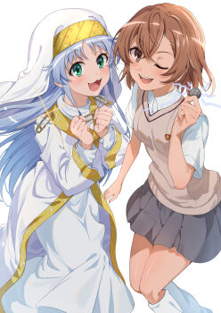 2girls :3 :d ;d absurdres anime_coloring asymmetrical_bangs blush breasts brown_eyes brown_hair brown_sweater_vest ci31205 coin collared_shirt commentary_request electricity electrokinesis green_eyes grey_hair grey_skirt highres holding holding_coin index_(toaru_majutsu_no_index) long_hair looking_at_viewer loose_socks medium_hair miniskirt misaka_mikoto multiple_girls nun official_style one_eye_closed open_mouth pleated_skirt robe safety_pin school_emblem school_uniform shirt short_sleeves skirt small_breasts smile socks summer_uniform sweater_vest toaru_kagaku_no_railgun toaru_majutsu_no_index tokiwadai_school_uniform v-neck white_background white_robe white_shirt white_socks
