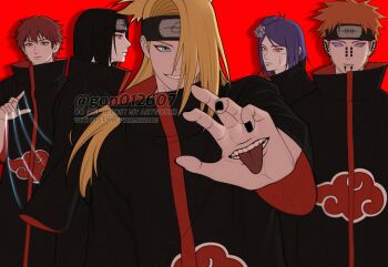 1girl 4boys akatsuki_uniform black_hair black_headband black_jacket black_nails blonde_hair blue_eyes brown_eyes deidara_(naruto) earrings extra_mouth face_piercing facial_mark flower gon012607 hair_between_eyes hair_bun hair_flower hair_ornament hair_over_one_eye half_updo headband highres jacket jewelry konan_(naruto) lip_piercing long_hair multiple_boys multiple_earrings multiple_piercings nail_polish naruto_(series) naruto_shippuuden nose_piercing orange_hair pain_(naruto) parted_bangs parted_lips piercing ponytail puppet_strings purple_eyes purple_hair red_background red_eyes red_hair sasori_(naruto) short_hair smile swept_bangs teeth tongue tongue_out twitter_username uchiha_itachi upper_body