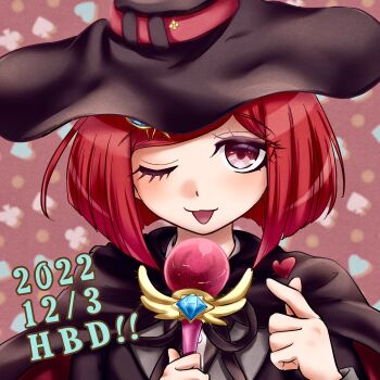 1girl black_cape black_hat black_ribbon bob_cut cape commentary_request danganronpa_(series) danganronpa_v3:_killing_harmony dated eyelashes happy_birthday hat hat_belt heart highres holding holding_wand matsushima_(mtsmhr) neck_ribbon one_eye_closed open_mouth portrait red_eyes red_hair ribbon short_hair smile solo wand yumeno_himiko