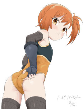 1girl adjusting_clothes adjusting_leotard ass black_gloves black_thighhighs blush brown_eyes brown_hair elbow_gloves fingerless_gloves fishnet_armwear fishnet_thighhighs fishnets from_behind gloves healthyman highres leotard loli long_hair looking_back misogi_(princess_connect!) orange_leotard princess_connect! side_ponytail simple_background solo thighhighs thighs white_background